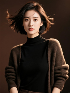 深咖色开衫美女短发发型图片